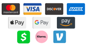 We Accept: Mastercard, Visa, Discover, Amex, Apple Pay, GPay, Amazon Pay, CashApp, Klarna & Venmo